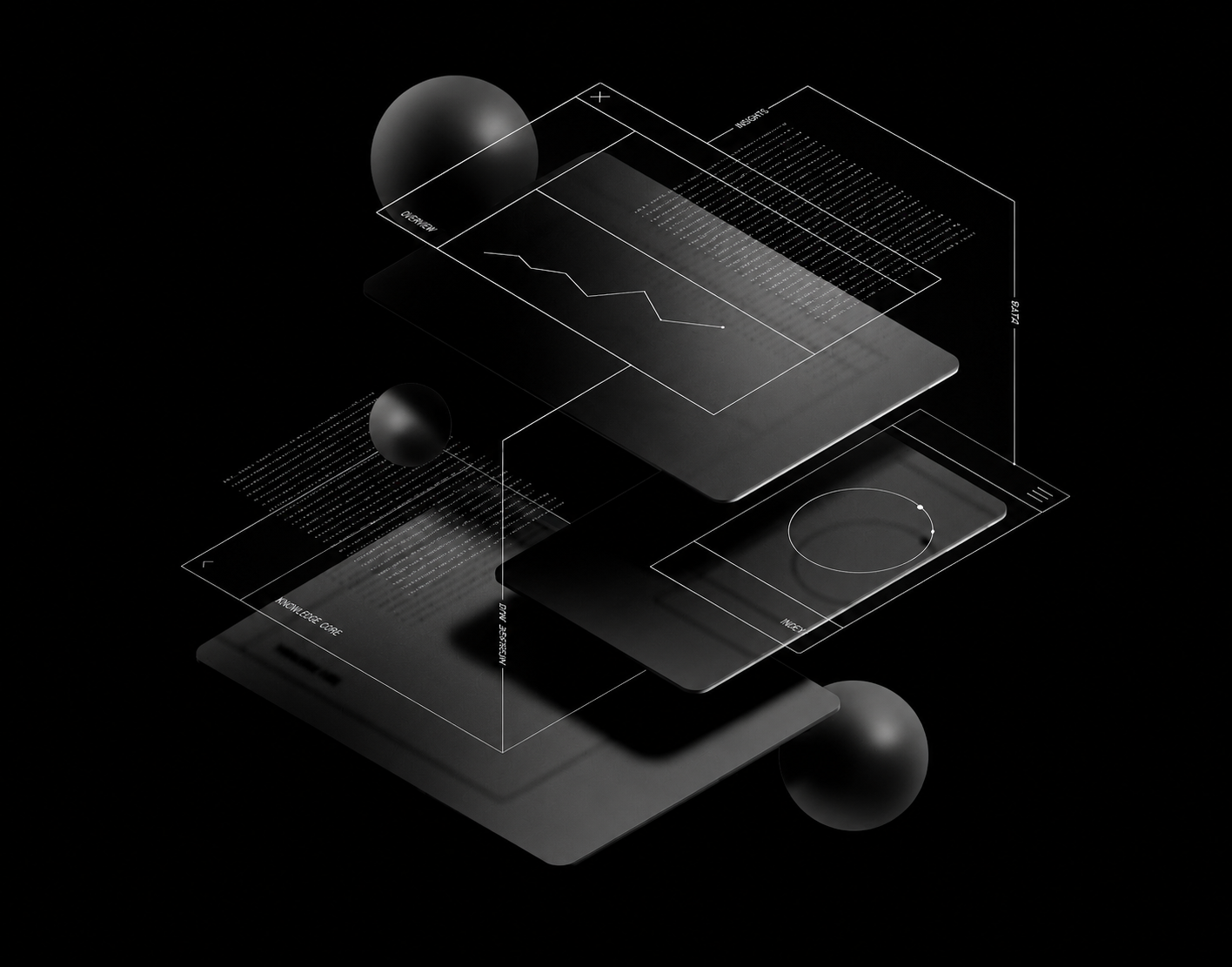 Abstract visualization of fragmented enterprise knowledge spread across disconnected information layers
